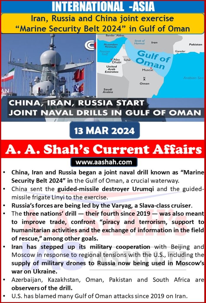 Iran, Russia and China joint exercise INTERNATIONAL -ASIA “Marine Security Belt 2024” in Gulf of Oman